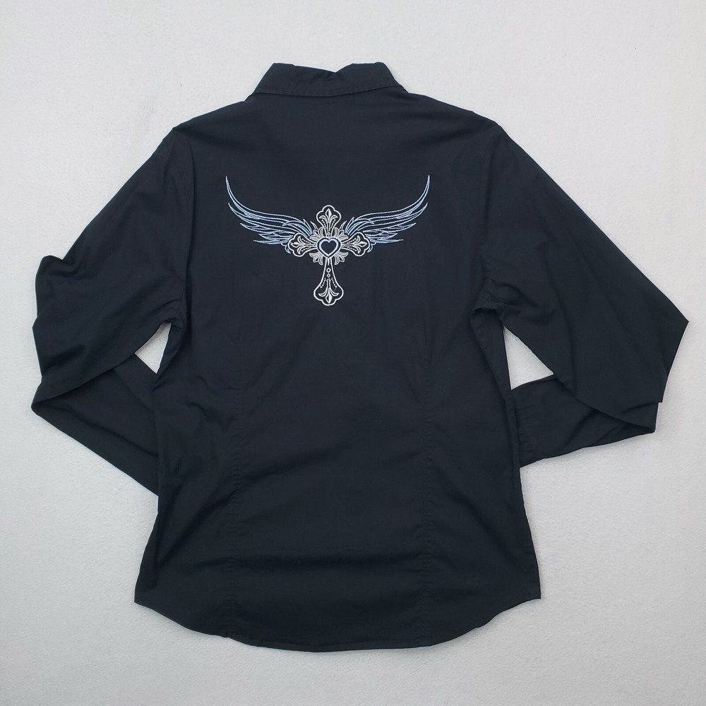 Outback Trading Shirt Womens Large Navy Blue Button Up Wings Cross Western